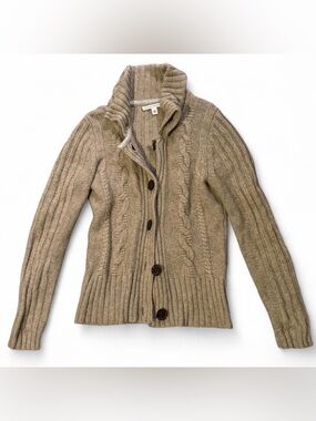 Vintage style tan cable knit cardigan.